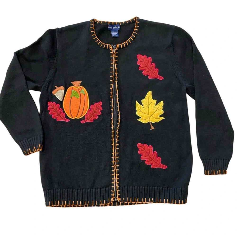 Isafia Trading Inc Autumn Fall Leaves‎ Pumpkin Acorn Zip Cardigan Sweater Large